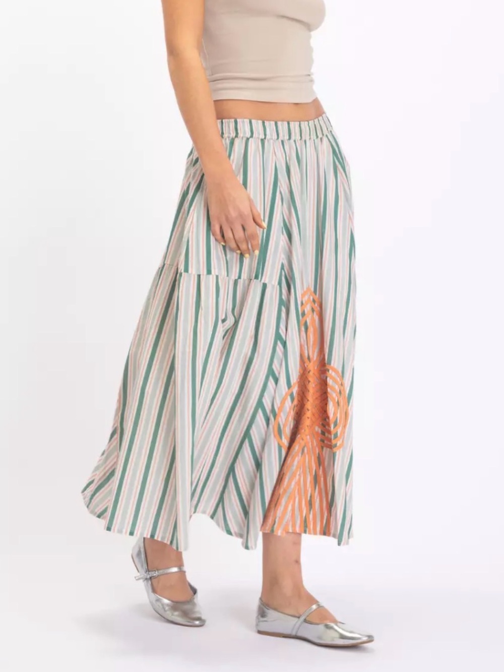!V.DE.Vinster Designer Striped Green & White Midi Skirt with Orange Appliqués M